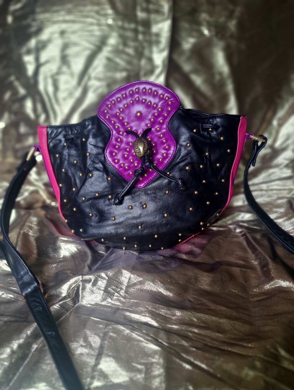 Black Shoulder Bag with Purple Accent and Pink Trim